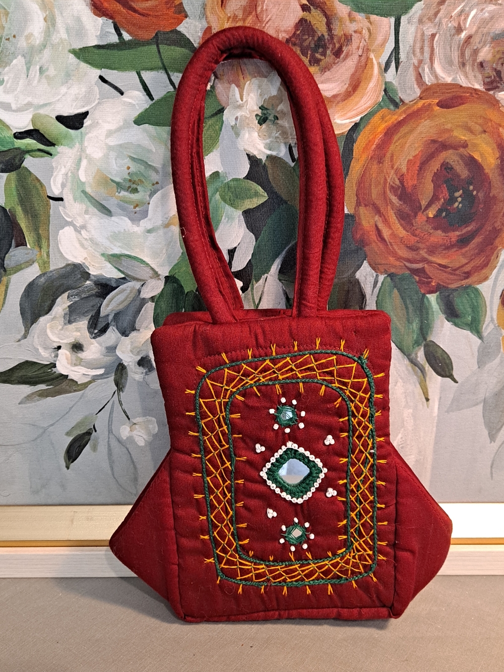 Montara Red Banjara Hand-Embroidered Mini Quilted Bag Green & Gold Accents